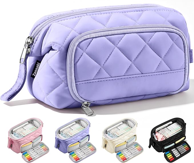 Zannaki Soft Quilted Large Pencil Pouch Organizer with Wide Opening for Boys Girls Teens - Extra Big Capacity Pen Pencil Bag with Zipper, Portable Pencil Case Box for School, College, Cosmetic Gift