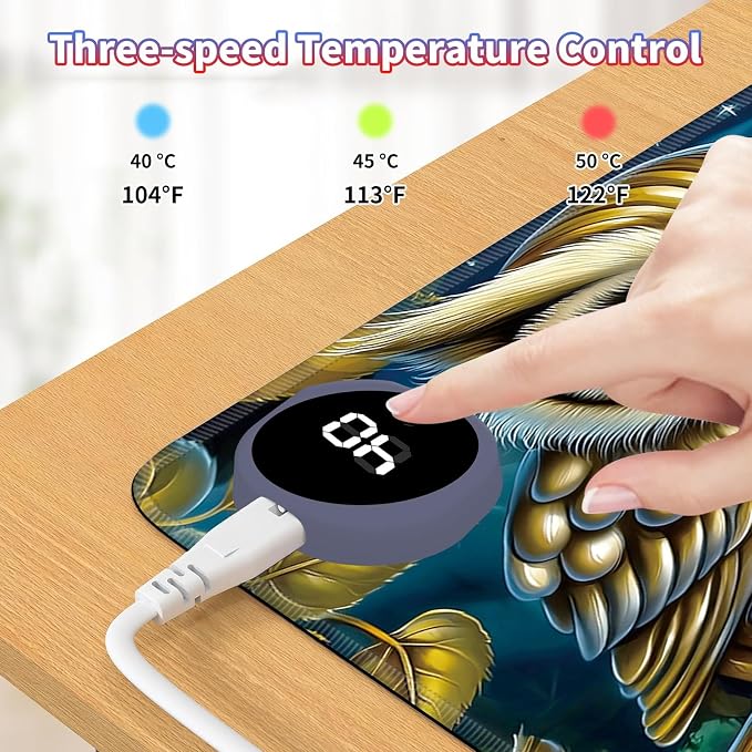 Heated Desk Pad Large Mouse Pad 23.6 x 14.1 inch with 3 Levels Heating & Auto Shut-Off Warm Mouse pad PU Leather Computer Mousepad for Home Office Work - Owl Moon