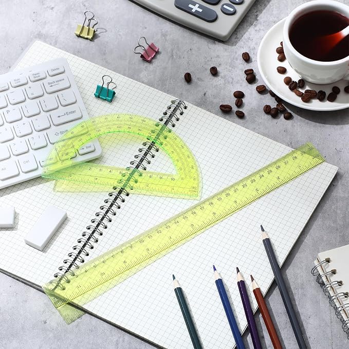 Zonon 2 Pcs 12 Inch Clear Ruler and 6 Inch Plastic Protractor Set, Dual Scale Inch/Cm Math Geometry Measuring Tools for Back to School Students Teachers Classroom Office Drafting Use(Yellow)
