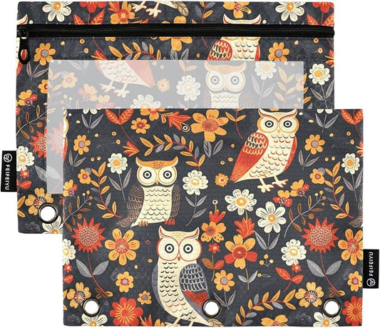 Owl Flower Boho Pencil Pouch for 3 Ring Binder 2 Pack Zipper Binder Pencil Bag with Clear Window Pencil Case for Office Supplies