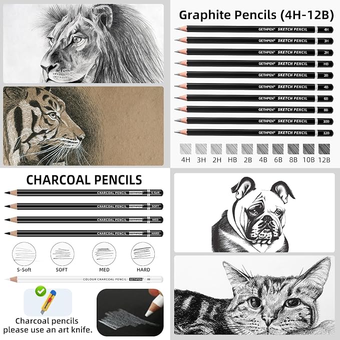 GETHPEN Drawing Sketching Pencil Set,Graphite 12B-4H Charcoal Pencils,24Pcs | Sketch Drawing Kit, Black and White Charcoal Pencils,Stumps,Eraser,Sharpeners, Sketching, Shading, Artist Charcoal Supplies