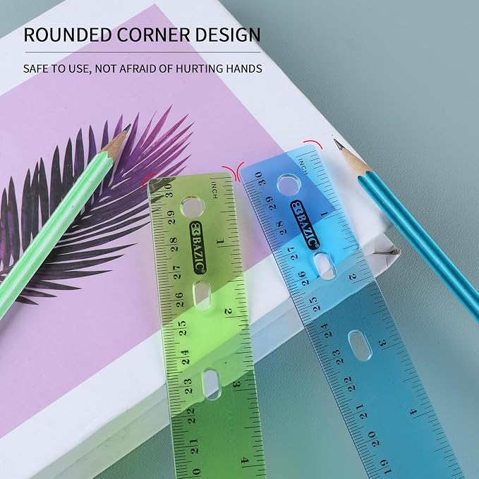 BAZIC Products 12 in Jeweltones Color Ruler, Inch & Metric, 4 Pack, 2-Pack | Four Jeweltones color plastic ruler, 12 in (30 cm), clear inch and centimeter marks for measuring and drawing straight