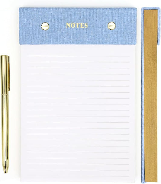 ELYN Lined Notepad, Aesthetic Linen Memo Pad with Matching Gold Gel Pen, 125 Sheets, 8.1 x 5.3 in - 100 GSM Premium Thick Paper, Perforated Pages & Hard Linen Backing, for Work, School or Home (Blue)
