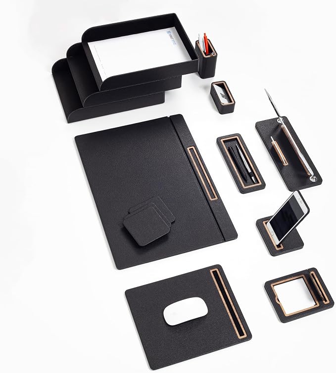 Capella 12-Piece Luxury Leather Desk Organizer Set, Black | Executive Office Accessories, Triple Document Tray, Covered Desk Pad, Personalized Nameplate