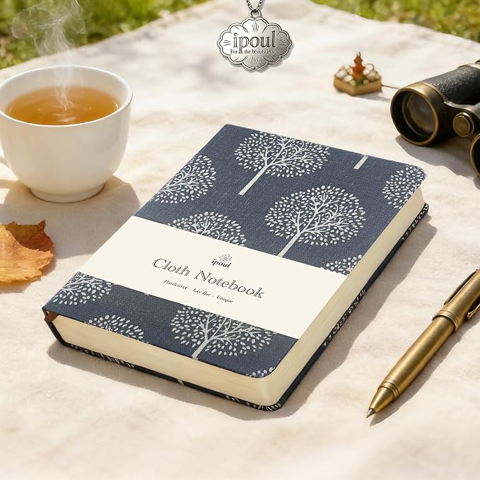 Linen Notebook, Hardcover Cloth Journal, B6, 264 Pages, 5x7 Small Lined Notebook & Sketchbook, Lay Flat, White Tree Navy Blue Fabric, Dirt-proof, Suitable for Outdoor Sketching