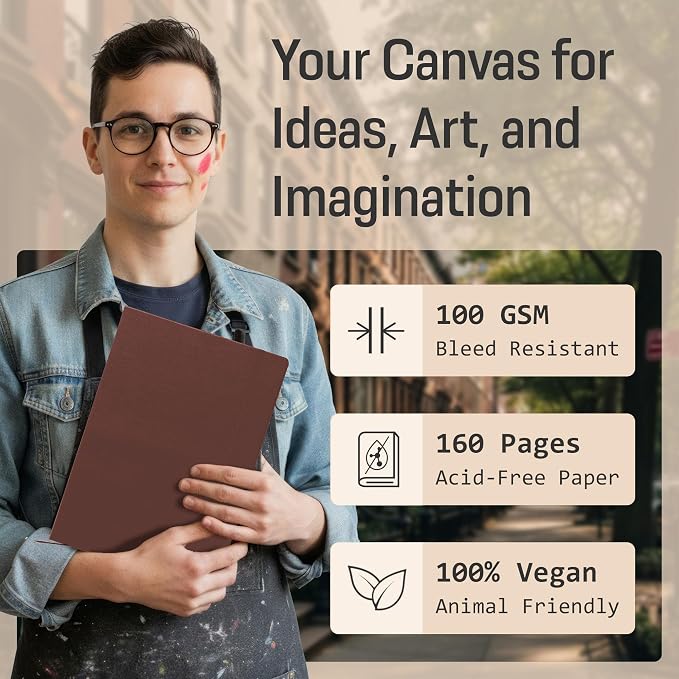 BROWNSTONE JOURNALS A4 Sketch Book Hardcover - 80 Sheets 100 GSM Paper 8.5"x11.5", Lay Flat, Vegan Leather Cover, Elastic Band, Back Pocket, Art Drawing Book (Chestnut Brown)