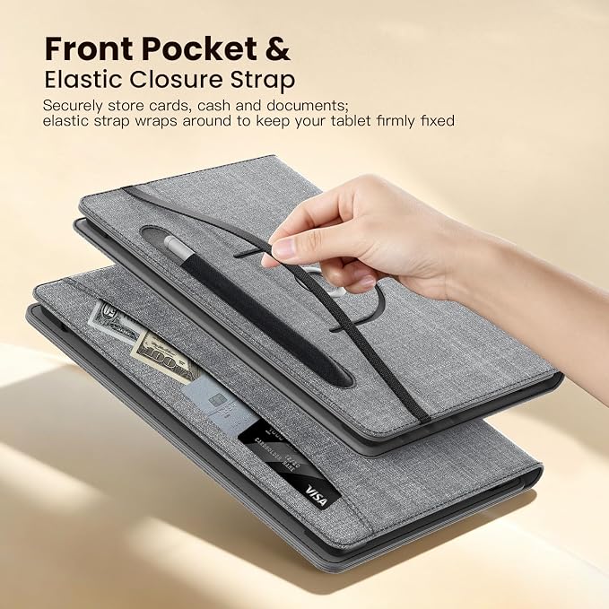 MoKo for Universal 11 inch Android Tablet Case with Pen Holder, Denim Gray | Fits All 9.6-11 inch Tablets, Slim 360 Degree Rotating Cover, Multi-Angle Stand, Front Pocket, No fit iPad/NO back opening