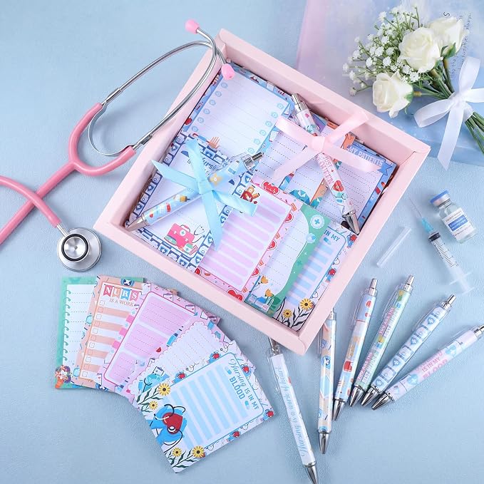 Eaasty 48 Pcs Nurse Gifts Bulk Funny Nurse Notepads and Ballpoint Pens with Ribbon Inspirational Thank You Gifts for Nursing, Coworker, Staff, Student, Healthcare Worker