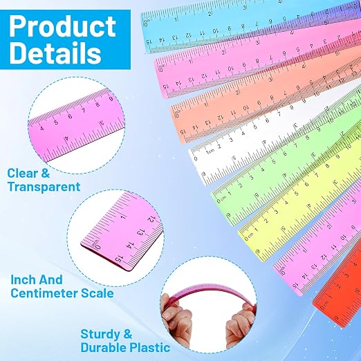 8Pack 15cm Colorful Transparent Plastic Rulers, 6" Ruler with Centimeters, Millimeter and Inches, Assorted Colors Clear Rulers Bulk for Classroom