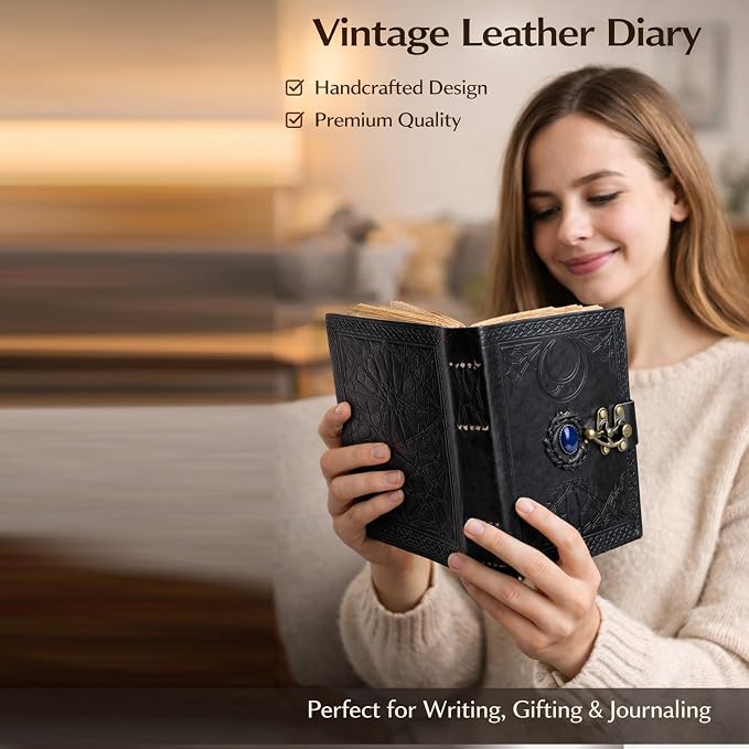 cuero 3 Moon Blue Lapis Embossed Vintage Leather Journal for Men & Women - 176 Pages, Antique Handmade Deckle Edge Vintage Paper, Leather Journal Writing Notebook Dairy Gift(10 inch by 13 inch, Black) [Unknown Binding]