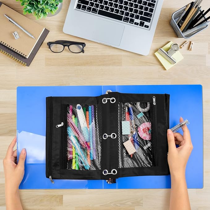 IKAYAS 3 Pack Pencil Pouch for 3 Ring Binder with Zipper, Pencil Pouch Bags for Classroom, Black