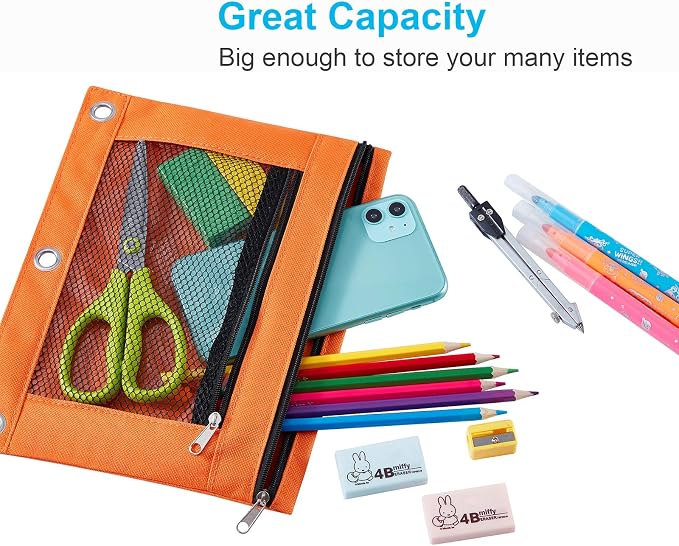 Sooez Pencil Pouch for 3 Ring Binder, 2 Pack Fabric Binder Pouch with 2 Pockets, Pencil Bags with Zipper and Reinforced Grommets, Pencil Cases for Binder