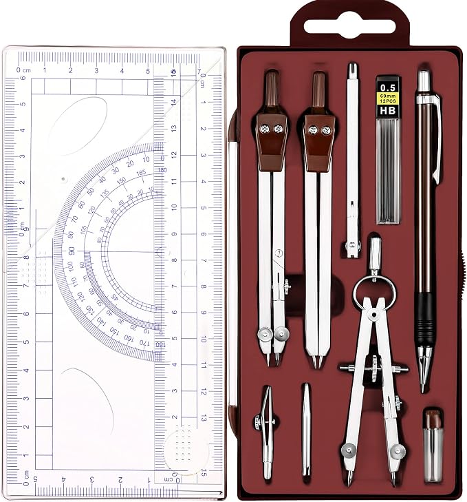 Outus 13 Pcs Geometry Set for Students Metal Compass Math Protractor | Rulers Mechanical Pencil Lead Refills Storage Box Protractors Kit for School Class Student Drafting Drawing