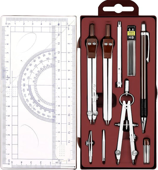 Outus 13 Pcs Geometry Set for Students Metal Compass Math Protractor | Rulers Mechanical Pencil Lead Refills Storage Box Protractors Kit for School Class Student Drafting Drawing