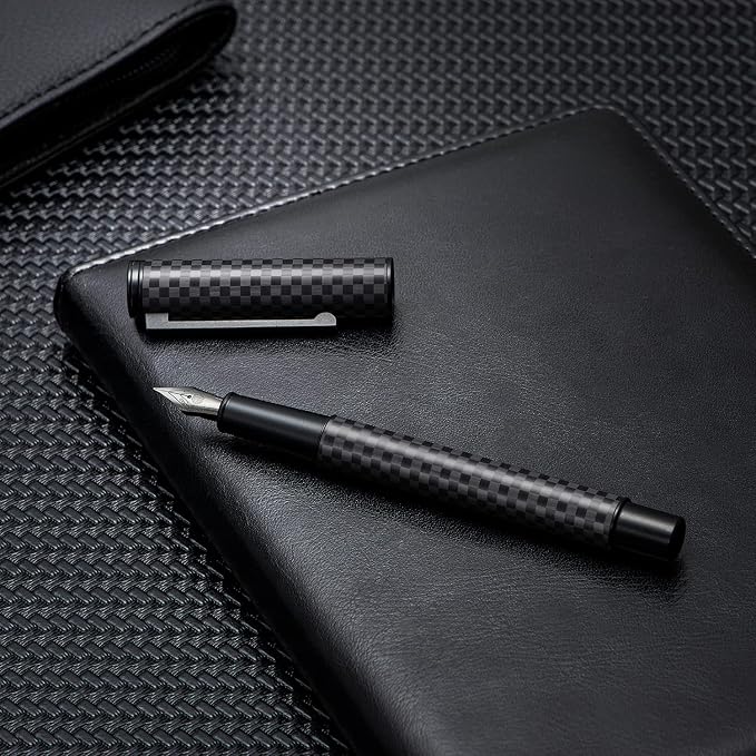 Hongdian Black Carbon Fiber Fountain Pen, Bent Nib Fude Pen for Calligraphy Writing (Fine to Broad) with Converter and Metal Pen Box Set