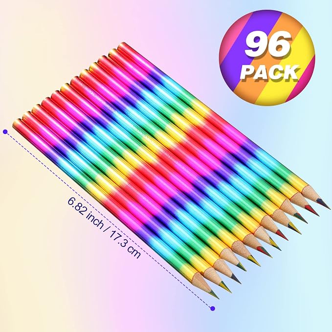 Fainne 96 Pieces Rainbow Colored Pencils, 4 Color in 1 Rainbow Wooden Pencils for Back to School, Kids Art Supplies, Student Reward Gifts (Holographic Type)