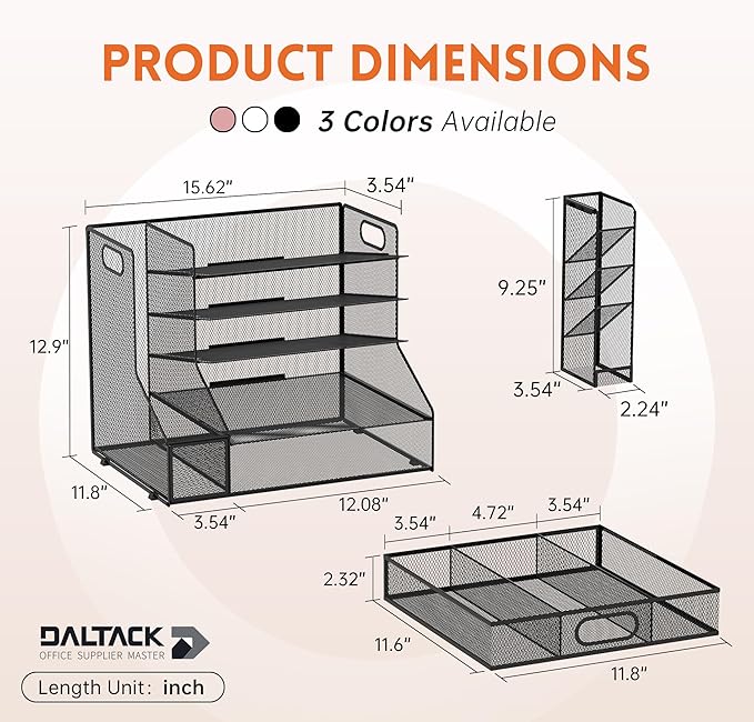 5-Tier Desk Organizer with File Holder & Pen Holder & Sliding Drawer, Black | Mesh Metal Paper Letter Tray for Papers, Mail, Office Supplies, and Desk Accessories