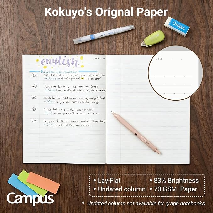 KOKUYO Composition Notebooks, 3 Pack Campus 9-3/4" x 7-1/2" Comp Book with Wide Ruled, 80 Sheets, Pink Blue Lavender School Lined Notebook Journal for Work Study Note Taking (WSG-NO-308CG2×3)