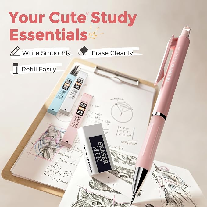Nicpro 6PCS Cute Mechanical Pencil Set with Case, 0.7 mm Mechanical Pencils with 6 Tube HB Lead Refill, 3PCS Eraser, 9PCS Eraser Refill for School Supplies Student Writing, Drafting Drawing Sketching