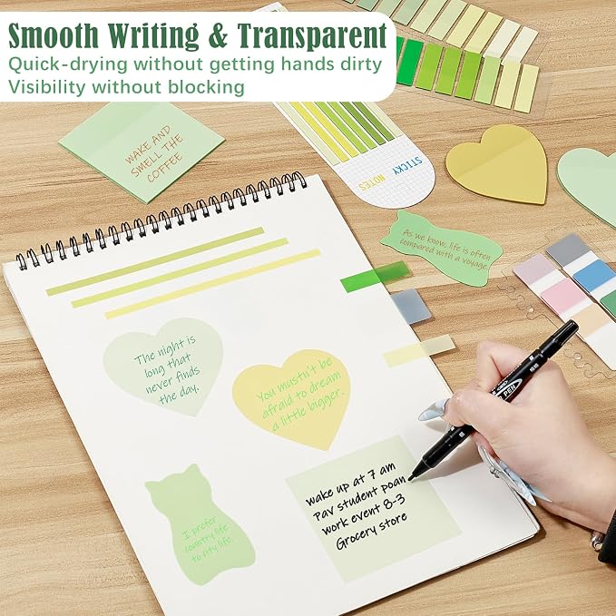 BAYTORY 850 Sheets Transparent Sticky Notes with Permanent Markers (Green) | Clear 3 x 3 inch Sticky Note to Post Book Annotation Kit, See Through Self-Adhesive Index Tabs for Bible Journaling