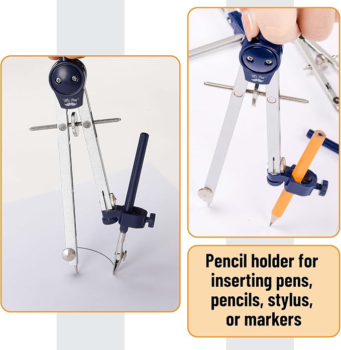 Mr. Pen- Professional Geometry Set, 7 pcs | Metal Compasses with Center Wheel & Extension Leg, Precision Drafting Kit with Storage Box for Geometry, Technical Drawing