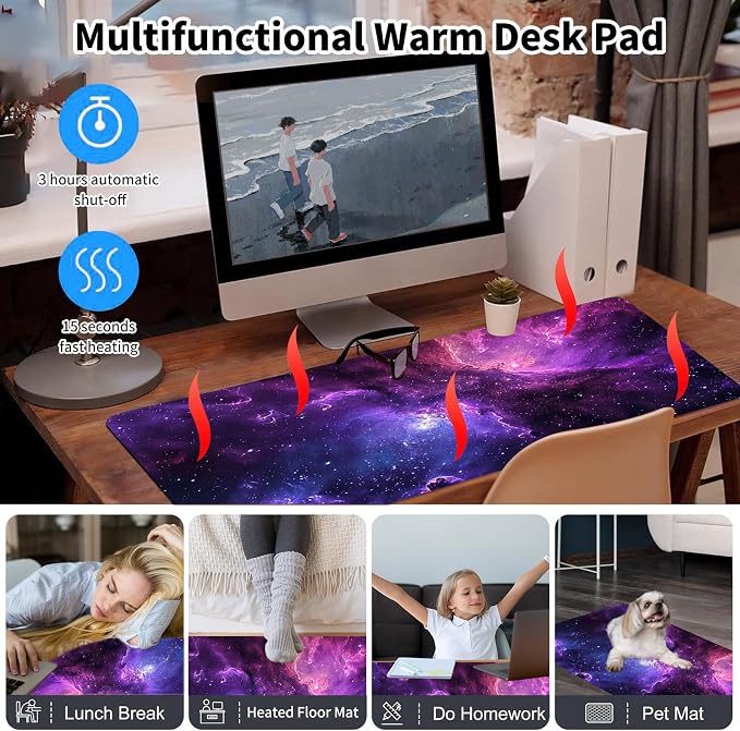 Warm Desk Pad,Heated Desk Pad,Office Mat,3 Heating Levels & 3 Hours Auto Shut-Off,31.5"*13" Gaming Mouse Laptop Keyboard Leather Desk Mat,Purple Galaxy Glliter