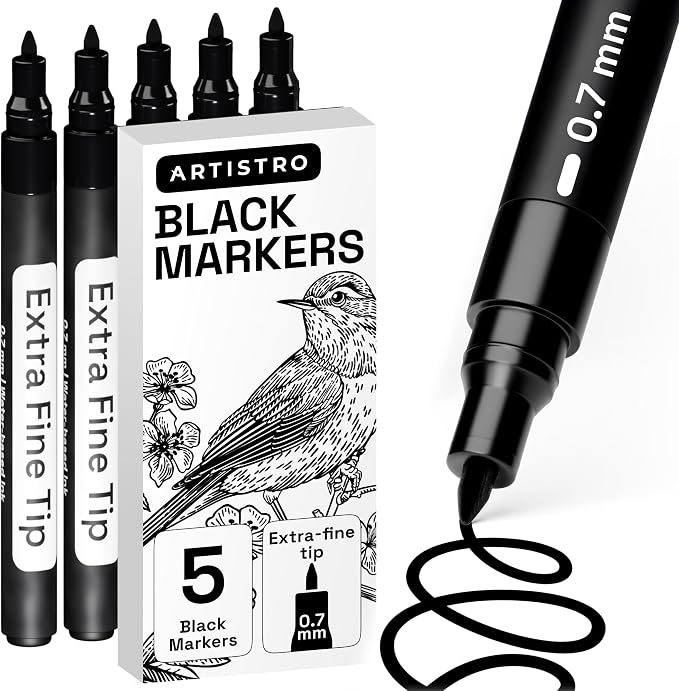 ARTISTRO Black Paint Pens - Extra-Fine Tips - Set of 5 | Acrylic Paint Markers, Water-Based, For Rock, Glass, Ceramic, Wood, Tire, Fabric, Metal, Canvas, Marking, Painting
