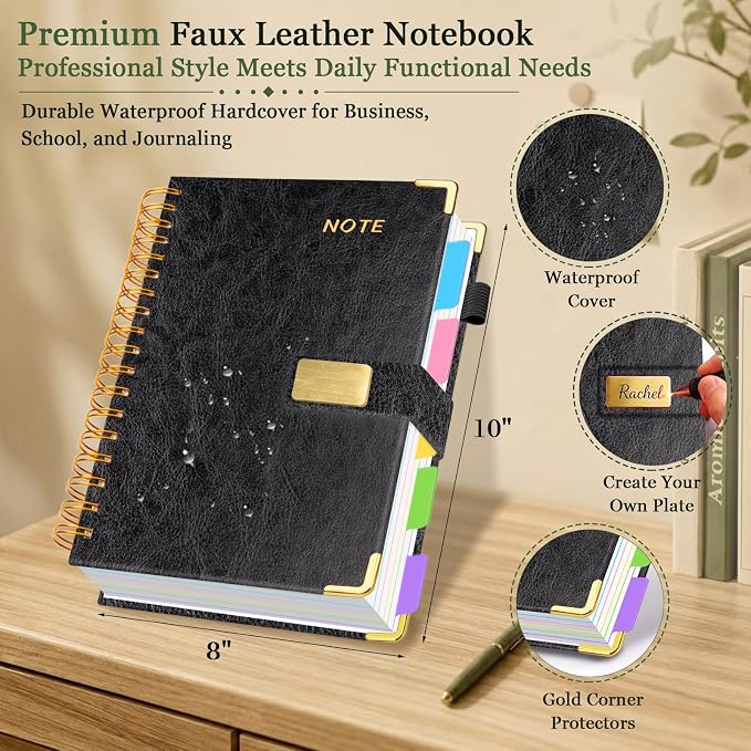 Hardcover Spiral Notebook 8''x 10'' College Ruled Notebook with Magnetic Closure, 300 Pages 5 Subject Notebooks with Pocket Dividers for Work School, B5 Leather Journal for Women, Men (Black)