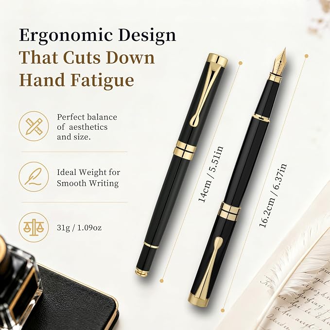 MCNTEIK Fountain Pen-Luxury Black and Gold Finish, 18K Gilded Nib(Medium), Smooth Ink Flow, Complete Set with 4 Black Ink Cartridges, Converter & Gift Box-Perfect Weight, Ideal for Office, Journaling