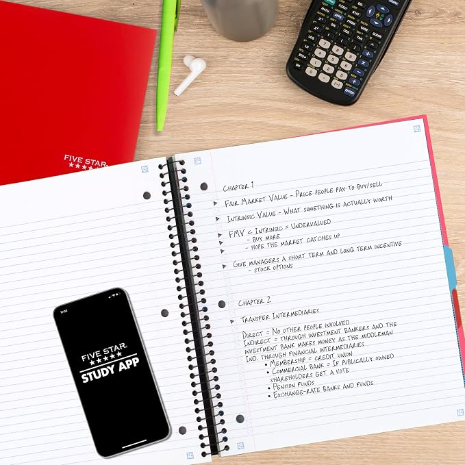 Five Star Advance Spiral Notebook + Study App, 3 Subject, 8.5" x 11" College Ruled Paper, 150 Sheets, Spiral Guard, Movable Tabbed Dividers, Prom Pink (820060R)