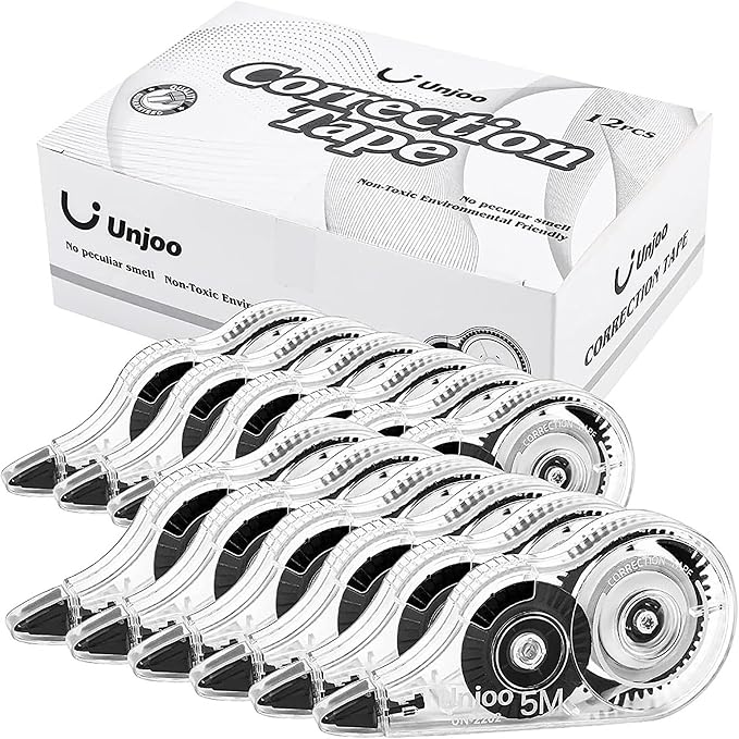 Unjoo White Correction Tape, For school, Office,12pack, 5M/196"x0.2",Black | Easy To Use Applicator for Instant Corrections Wrong Writing At Any Time, Tear-Resistant Correction tape Bulk