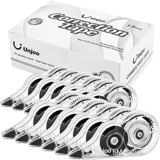 Unjoo White Correction Tape, For school, Office,12pack, 5M/196"x0.2",Black | Easy To Use Applicator for Instant Corrections Wrong Writing At Any Time, Tear-Resistant Correction tape Bulk