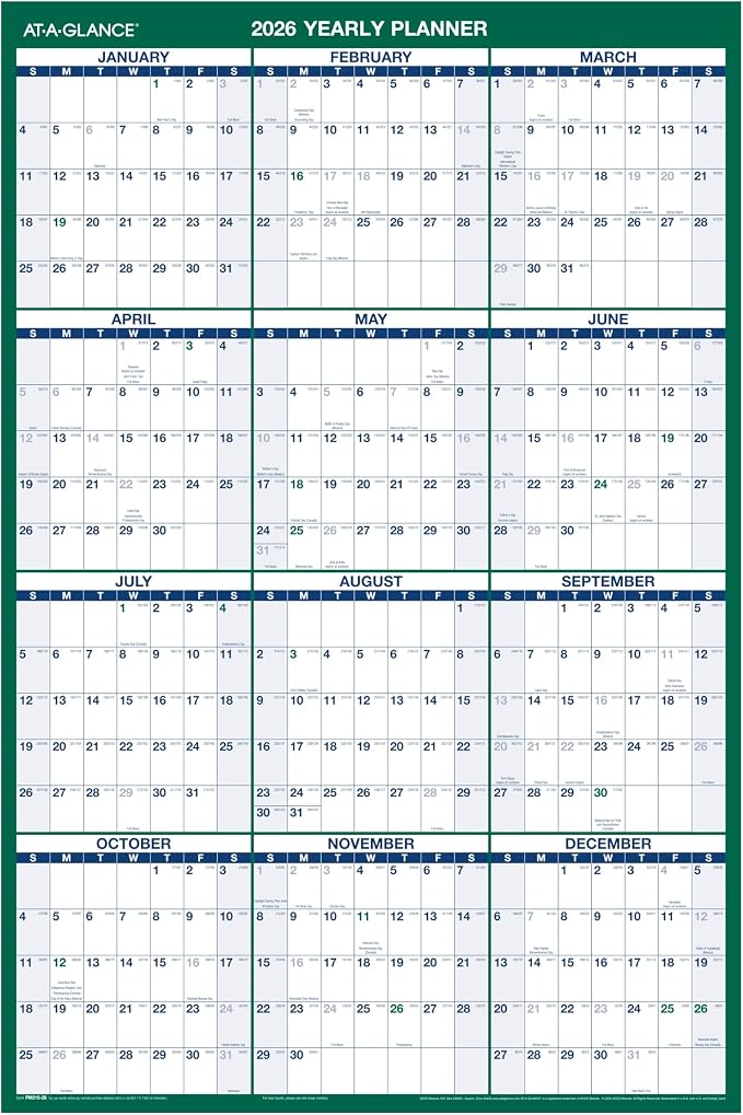 AT-A-GLANCE 2026 Erasable Calendar, Dry Erase Wall Planner, 24" x 36", Large, Vertical, Reversible (PM2102826)