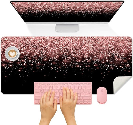 Britimes Pink Rose Gold Desk Mat Golden Black Deak Pad Non-Slip PU Leather Large Keyboard Mouse Pad Office Desktop Accessories for Office,Work,Home Decor(31.5"X15.7")