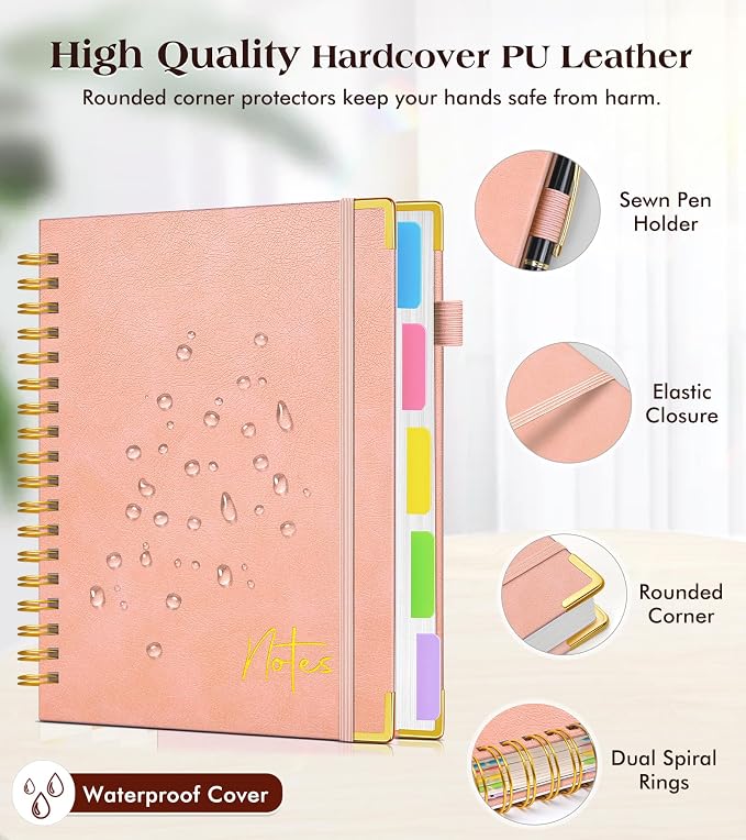 5 Subject Dotted Notebook with Removable Dividers Tabs, 300 Pages Hardcover Leather Dot Grid Spiral Journal, 8"x10" B5 Large Bullet Notebooks for Women Men Work School College Maths Sketching, Pink