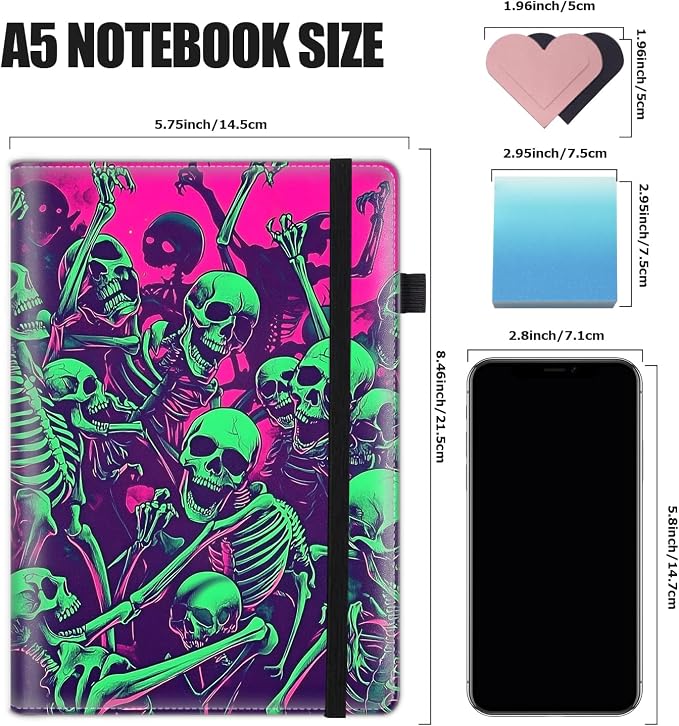Hardcover Executive Notebooks, A5 PU Leather Lined Journal Notebook, 200 Pages Thick Paper Subject Notebooks for School,Work,Home Writing Business Notebook, Diary Book ，Green Skull