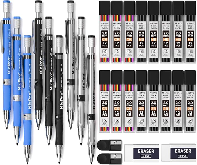 Nicpro 29 Pieces 2mm Mechanical Pencil Set, 9 PCS Drafting Carpenter Pencils 2.0 mm for Art Drawing Sketching construction with 192 Lead Refills Pre-Sharpen HB & 2B & Colors, 2 Erasers, 2 Sharpener