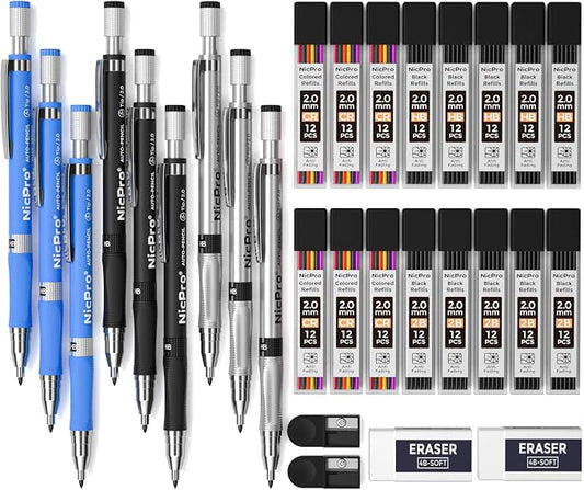Nicpro 29 Pieces 2mm Mechanical Pencil Set, 9 PCS Drafting Carpenter Pencils 2.0 mm for Art Drawing Sketching construction with 192 Lead Refills Pre-Sharpen HB & 2B & Colors, 2 Erasers, 2 Sharpener