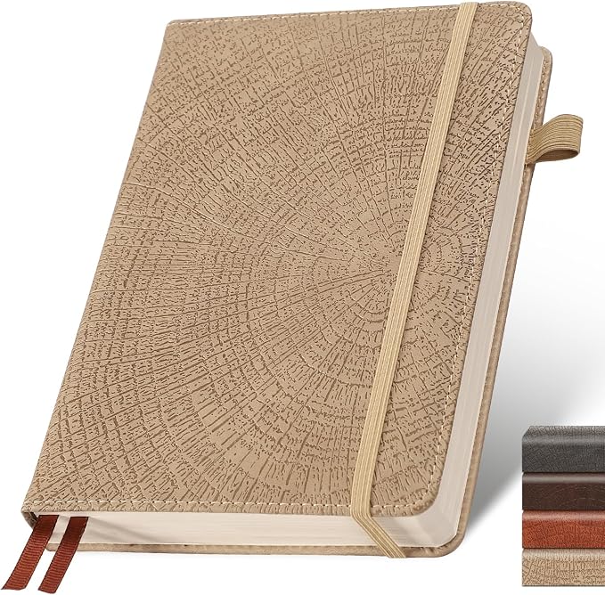 Graph Grid Paper Notebook,256 Pages,A5 Size (5.7'' x 8.3''),Vintage Tree Growth Rings Leather Hardcover Journal,100 GSM Thick Paper,for Daily,Work,School,Note Taking(Khaki)