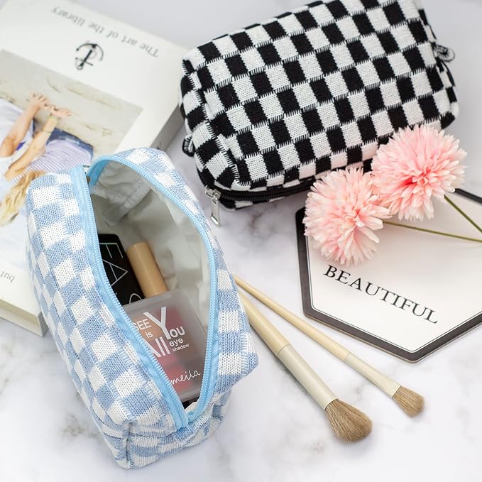 PAZIMIIK Checkered Makeup Bag for Purse Portable Zipper Make Up Pouch Small Cosmetic Case for Travel Accessories (Blue) | Cute Zipper Makeup Organizer for Women, Travel Essentials, Toiletries, Makeup Brushes, Beauty Accessories&Bridesmaid Gifts