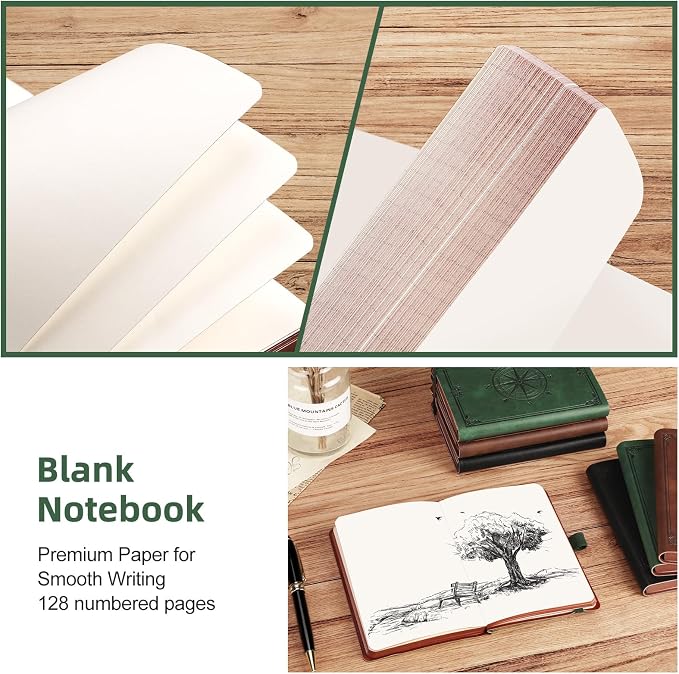 AHGXG Small Blank Pocket Notebook, 256 Numbered Pages, B6 (4.1'' X 5.7'') | Mini Journal, Vintage Soft Leather Hardcover, 80gsm Paper, for Men Women Work Office School (Dark green)