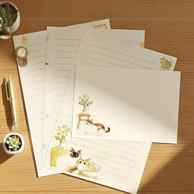 37 Pcs Stationery Paper Envelopes Set Includes 24 Lined Writing Paper & 12 Envelopes with 48 Colorful Round Dot Stickers, Cute Cat Letter Writing Stationery Paper Envelopes Gift (4Style)