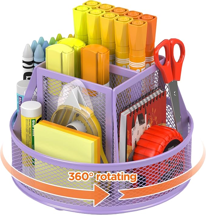 Docnest 360°Rotating Mesh Desk Organizer,6-Compartment Pen Holder,Purple | Heavy-duty metal holder with removable divider. Space-saving stationery storage for pencils, scissors & markers