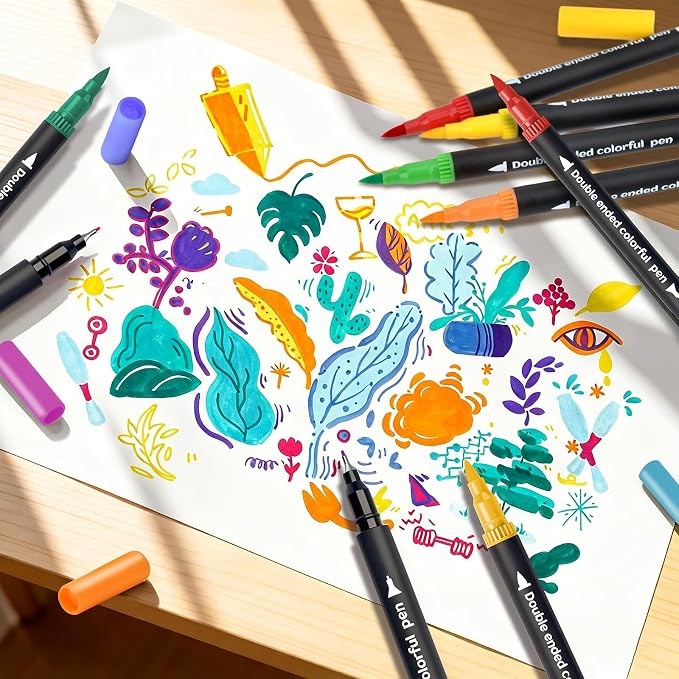 Dual Markers Brush Pens, Art Brush Coloring Markers for Adult Coloring Books, 24Colors Pens for Teens, Double Tip Colored Pen for Journaling Note taking Planner Lettering Calligraphy Drawing