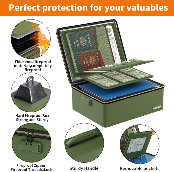 ENGPOW Fireproof Document Box with Lock & Heat-Resistant Fireproof Zipper | 6400°F 12-Layer Fire Protection, Hard File Organizer with Pockets, Portable Home Chest Safe Storage for Money,Jewelry, Green
