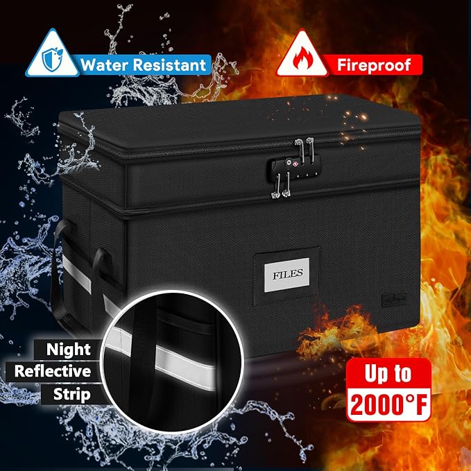 Large Fireproof Document Box with Lock, 2 Layer File Storage Organizer Box | Portable Office Collapsible File Storage with Reflective Strip & Handle for Hanging Letters, Legal Size Folder, Certificate