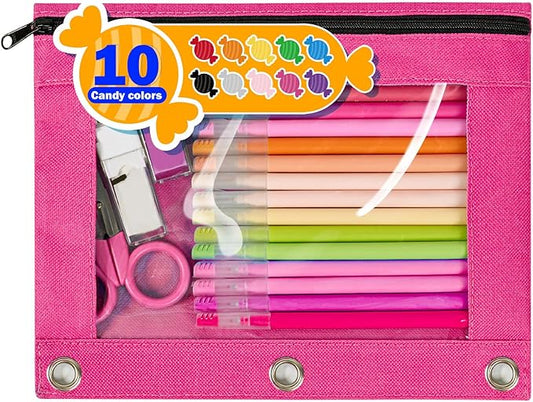 Forvencer Zippered Pencil Pouches, Premium Heavy-Duty Zippers, Aesthetic 3 Ring Pencil Case, Candy Colors, Cute Clear Top Binder Pouch, Colorful Zipper Pencil Bag for Girls Boys Adults, Fuchsia