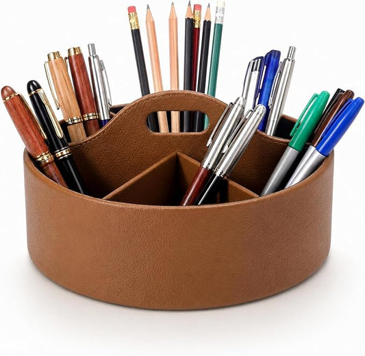 360° Rotating Leather Desk Storage Organizer with 6 Slots and Handle Extra-large Pen Holder Spinning Pencil Storage Lazy Susan Organizer Office Desk Supplies Marker, Art Supply(Brown)