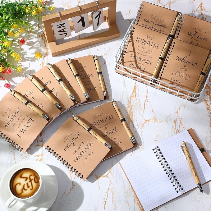 Pasimy 24 Pcs/12 Set Bulk Positive Affirmation Spiral Notebooks with Bamboo Pen Daily Affirmation Gift Set Motivational Encouragement Notepad Small Journals 5.5 x 3.9 Inch for Women Self Care
