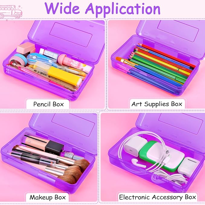 Sooez 1 Pack Clear Pencil Box, Plastic Hard Pencil Case with Stickers, Large Crayon Box with Snap-tight Lid, Stackable Storage Box Art Craft Marker Organizer Box for Kids Boys Back to School, Purple